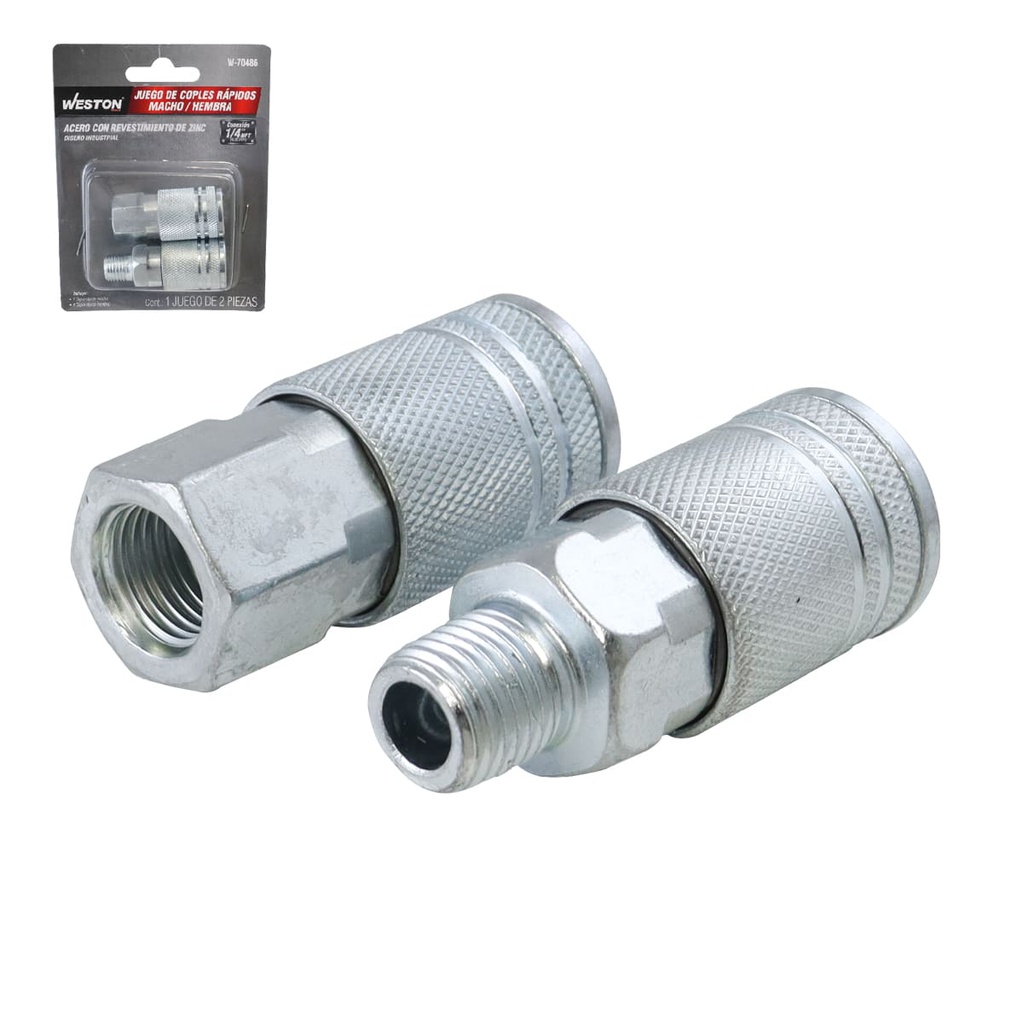 JUEGO DE COPLES RAPIDO MACHO/HEMBRA DE ACERO CROMADO 1/4" NPT INDUSTRIAL