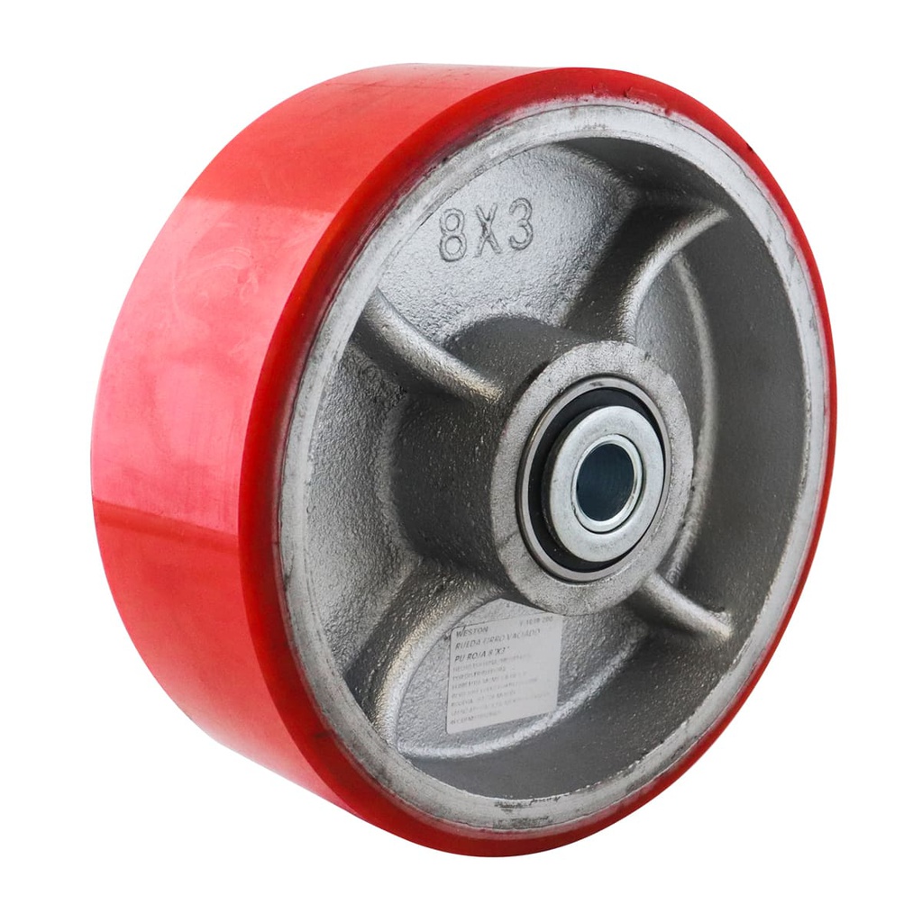 RUEDA FIERRO VACIADO C/PU ROJA 8X3" C/BALERO