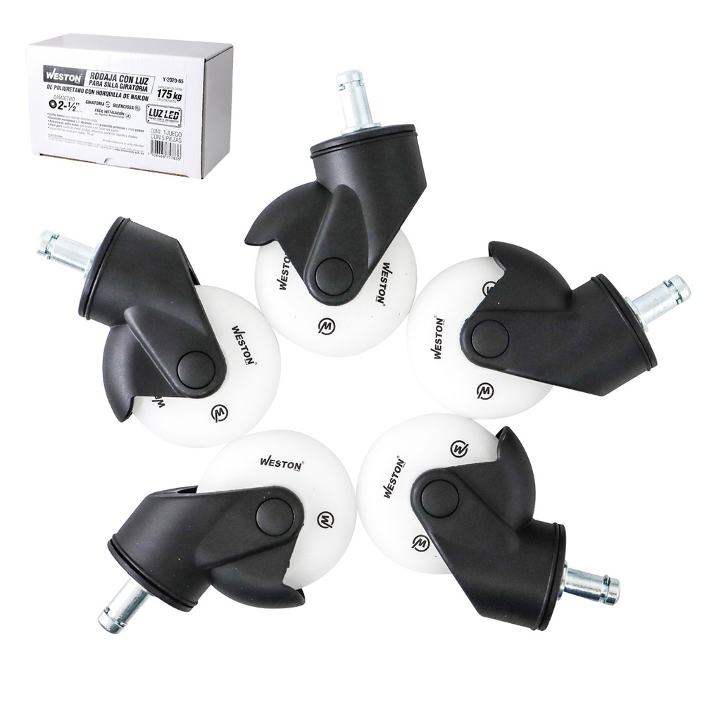 RODAJAS C/LUZ LED D/PU C/HORQ. D/NAILON P/SILLA GIRA. 2-1/2 X 1" (Precio x Caja - Caja con 5 piezas)