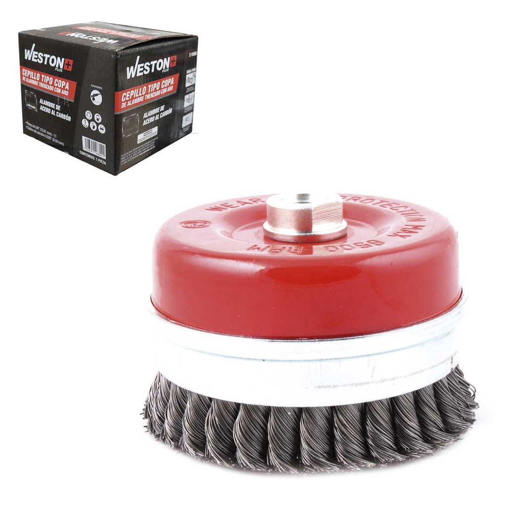 CEPILLO TIPO COPA TRENZADA C/ARO 5" ENT 5/8-11 A. AL CARBON  .020"