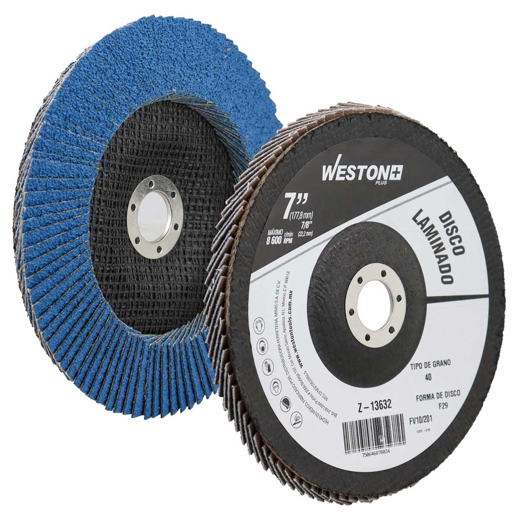 DISCO LAMINADO ZIRCONIO 7" X 7/8" G40 WP AZUL (Precio x pieza - Empaque c/10 pzas)