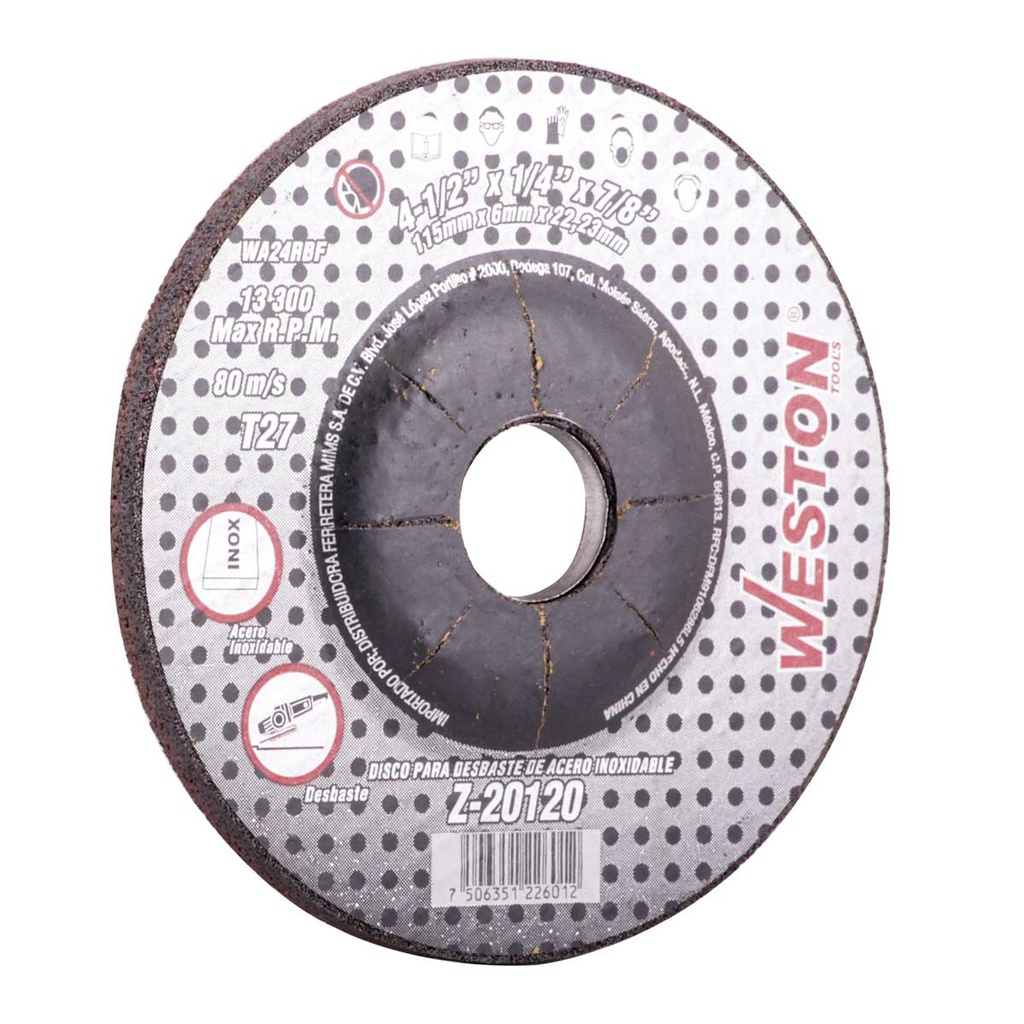 DISCO D/DESBASTE P/INOX. 7" x 1/4"(6.35) x 7/8" F27 (Emp. c/5 Pzas - Precio x Pza)