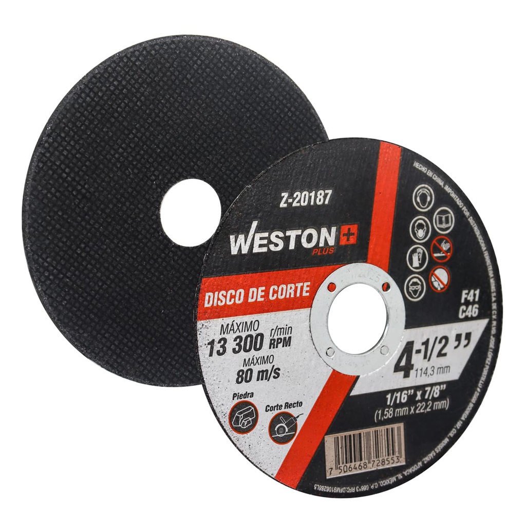 DISCO D/CORTE P/PIEDRA 4-1/2&quot; x 1/16&quot;(1.58) x 7/8&quot; F41 (Emp. c/10 Pzas - Precio x Pza)