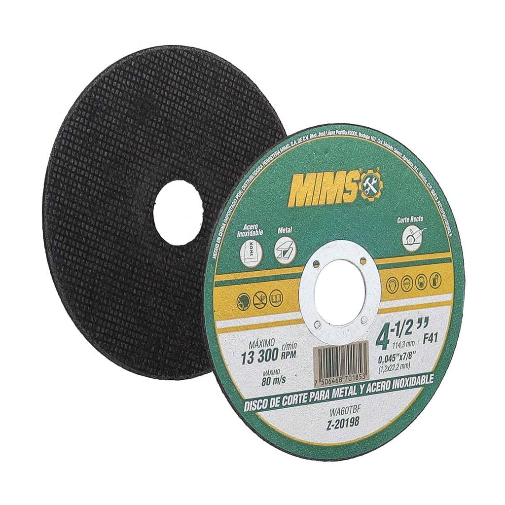 DISCO D/CORTE P/INOX. Y METAL 4-1/2&quot; x 0.045&quot;(1.4) x 7/8&quot; F41 MIMS (Emp. c/10 Pzas)