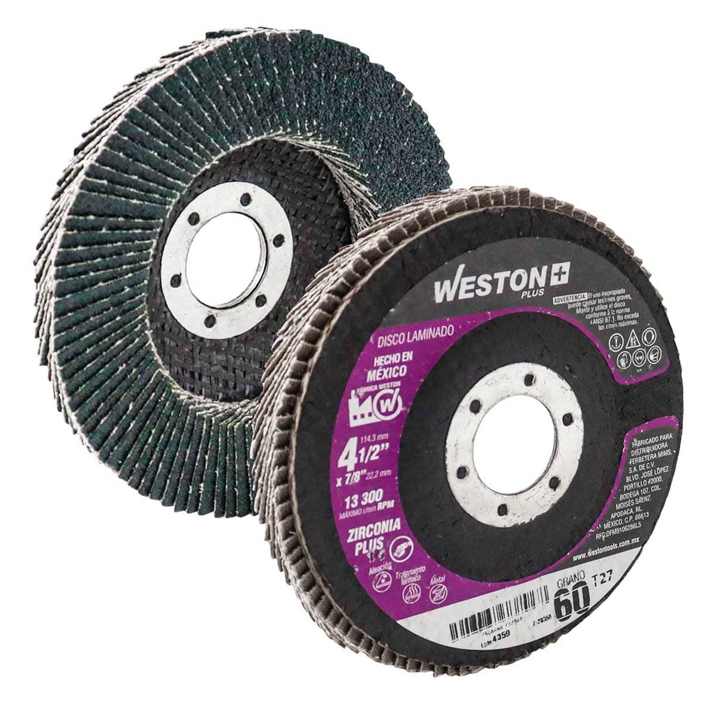 DISCO LAMINADO WESTON PLUS ZIRCONIO 100% 4 ½&quot; X 7/8&quot; Z60  SUPER ALTA DENSIDAD T27