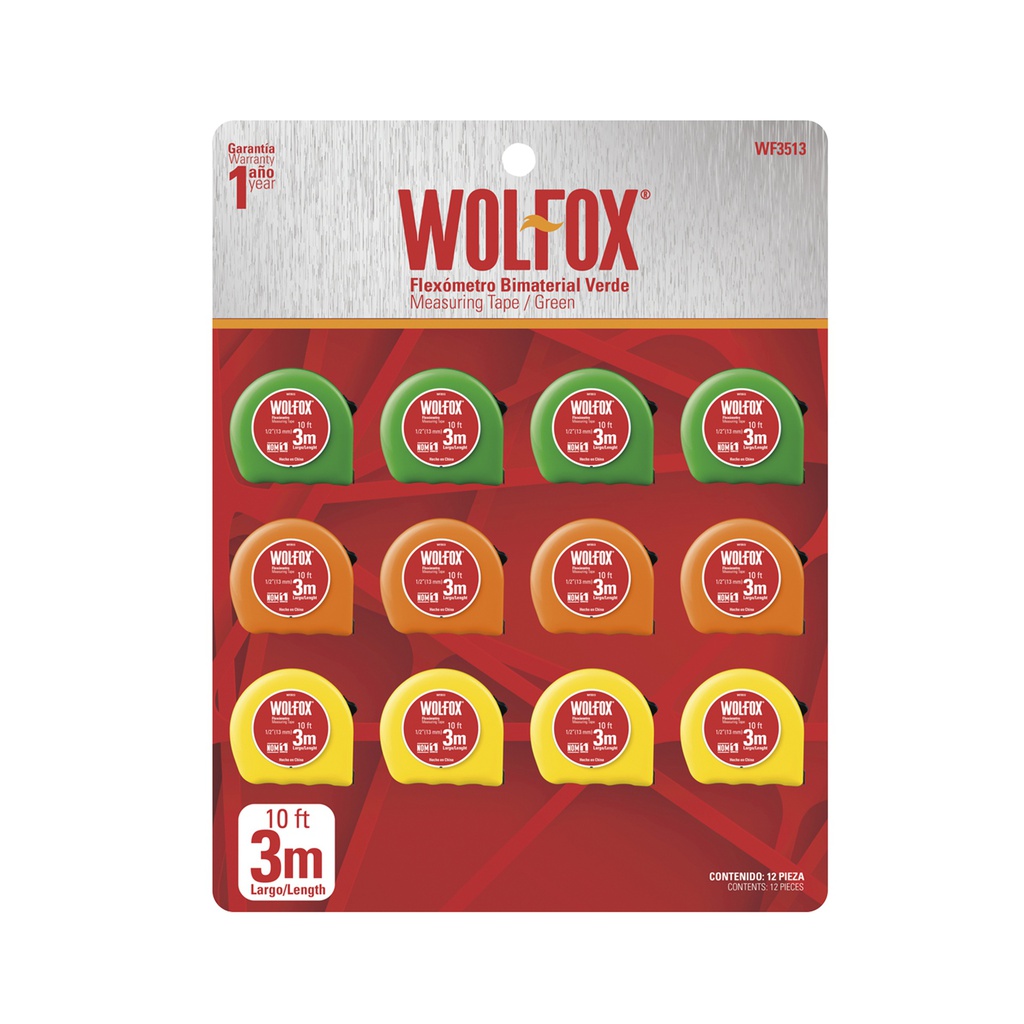 FLEXOMETRO 3M X 12.7MM (1/2") TARJETA CON 12PZ VERDE NEON