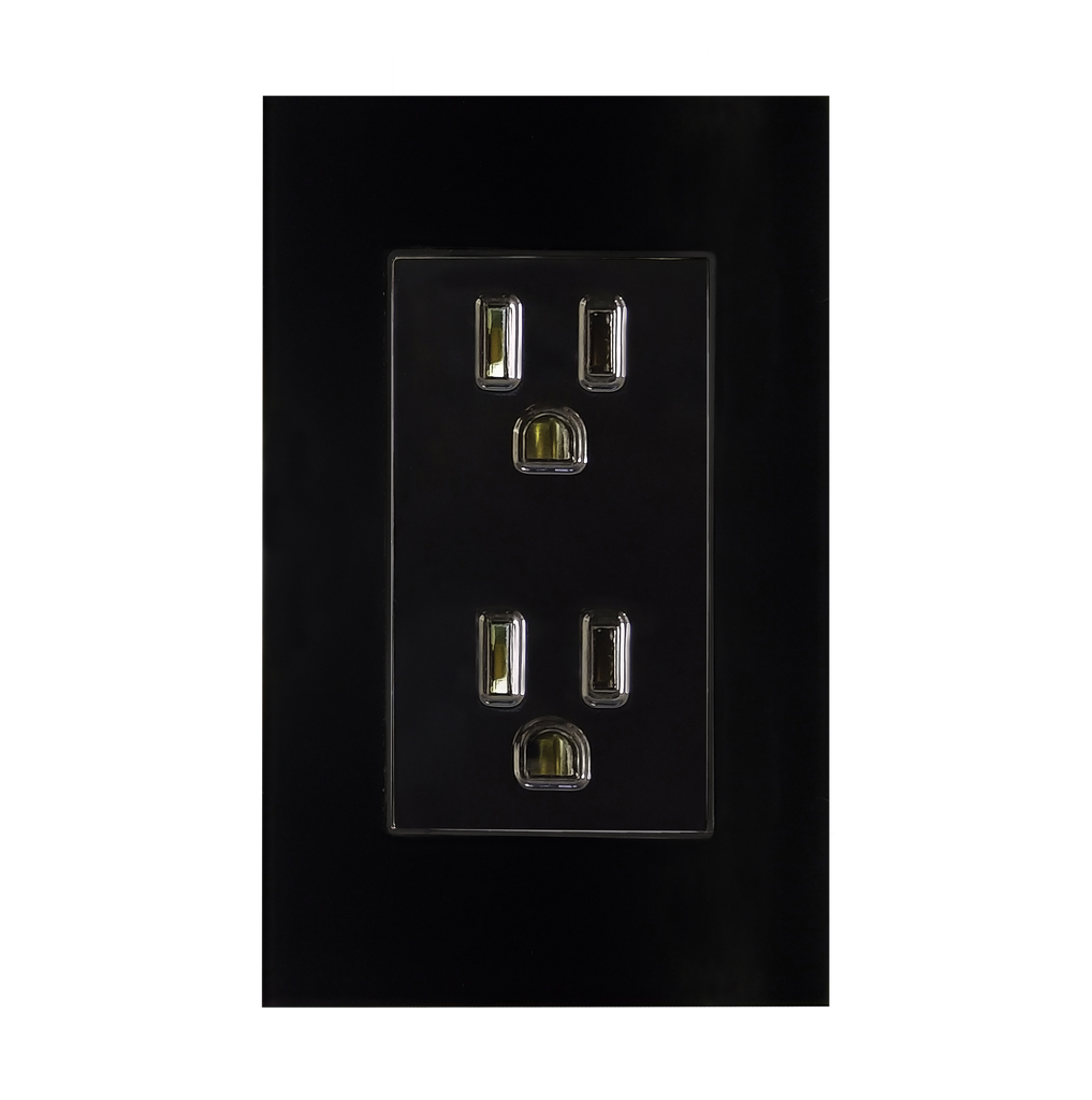 CONTACTO DOBLE ATERRIZADO CON PLACA DE ACRILICO NEGRO 72MM 127V~ 10A