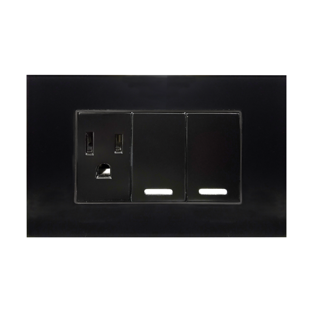 APAGADOR DOBLE Y CONTACTO  DE 24MM CON PLACA DE ACRILICO NEGRO