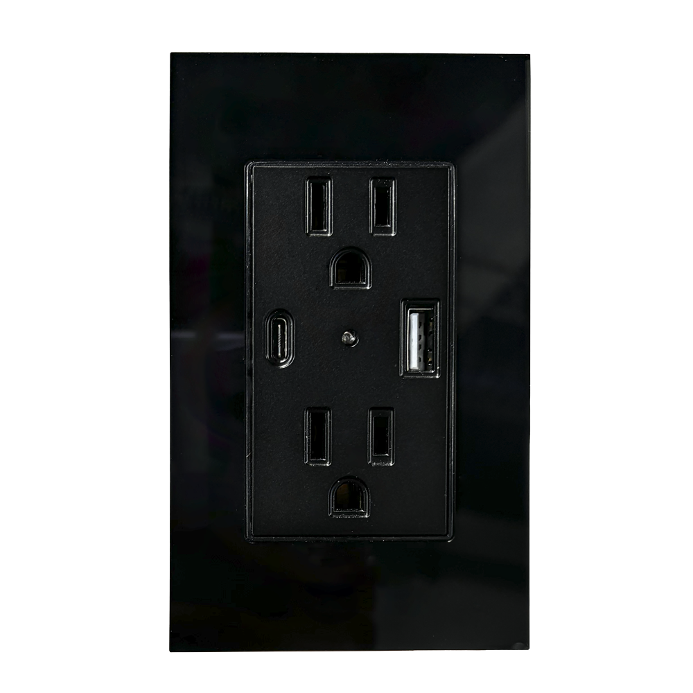 CONTACTO DOBLE ATERRIZADO CON ENTRADAS USB TIPO A Y C CON PLACA DE ACRILICO NEGRA 72mm