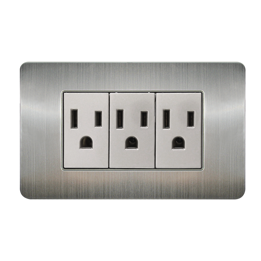 CONTACTO TRIPLE ATERRIZADO CON PLACA DE ACERO INOXIDABLE 72MM