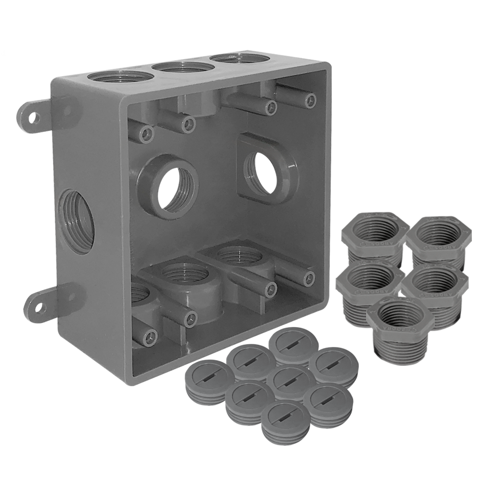 CAJA CUADRADA NO METALICA  CON 9 ORIFICIOS ROSCADOS DE 1/2” O 3/4” GRIS 