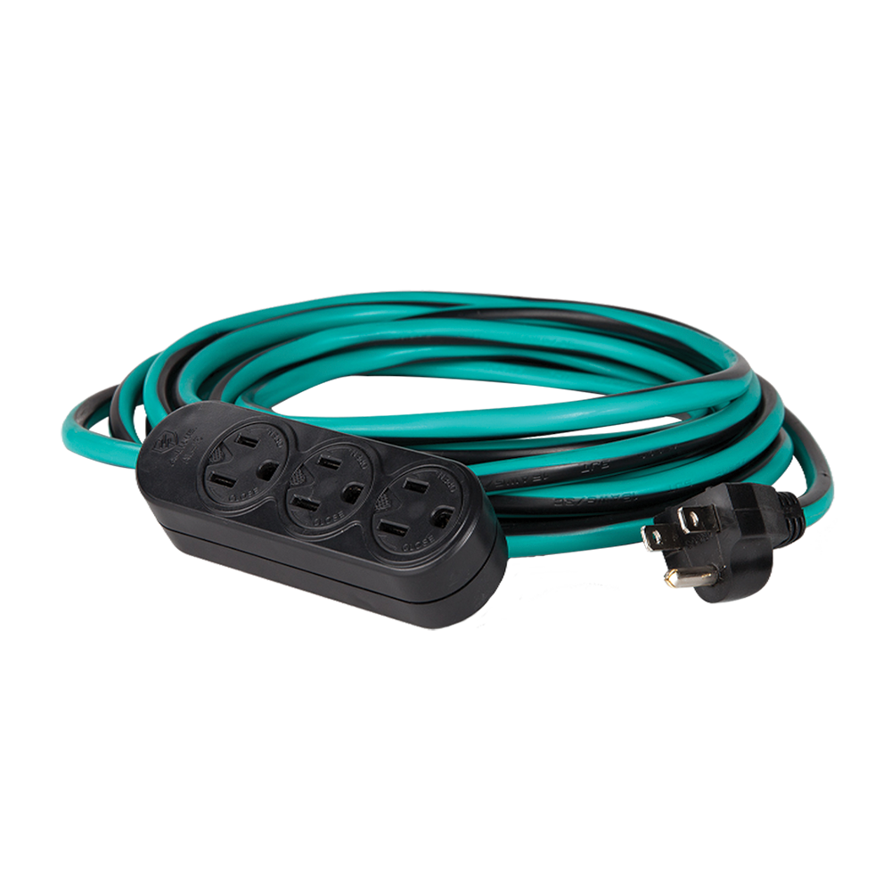 EXTENSION USO RUDO SJT 3X16 AWG 3 TOMAS ATERRIZADAS VERDE CON NEGRO 15 METROS