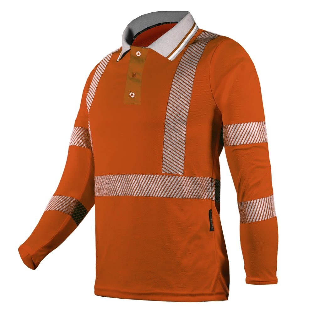 CAMISA MANGA LARGA ECOFRIENDLY TIPO POLO ANARANJADA C/REFLEJANTE T-2XG.