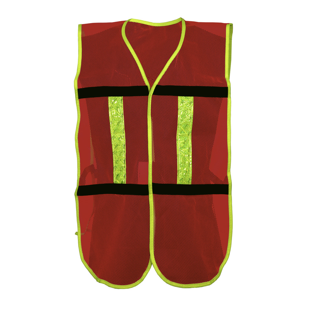CHALECO ECOFRIENDLY DE MALLA LIGERA CON BIES ROJO DE ALTA VISIBILIDAD Y REF/PLASTICO JYRSA