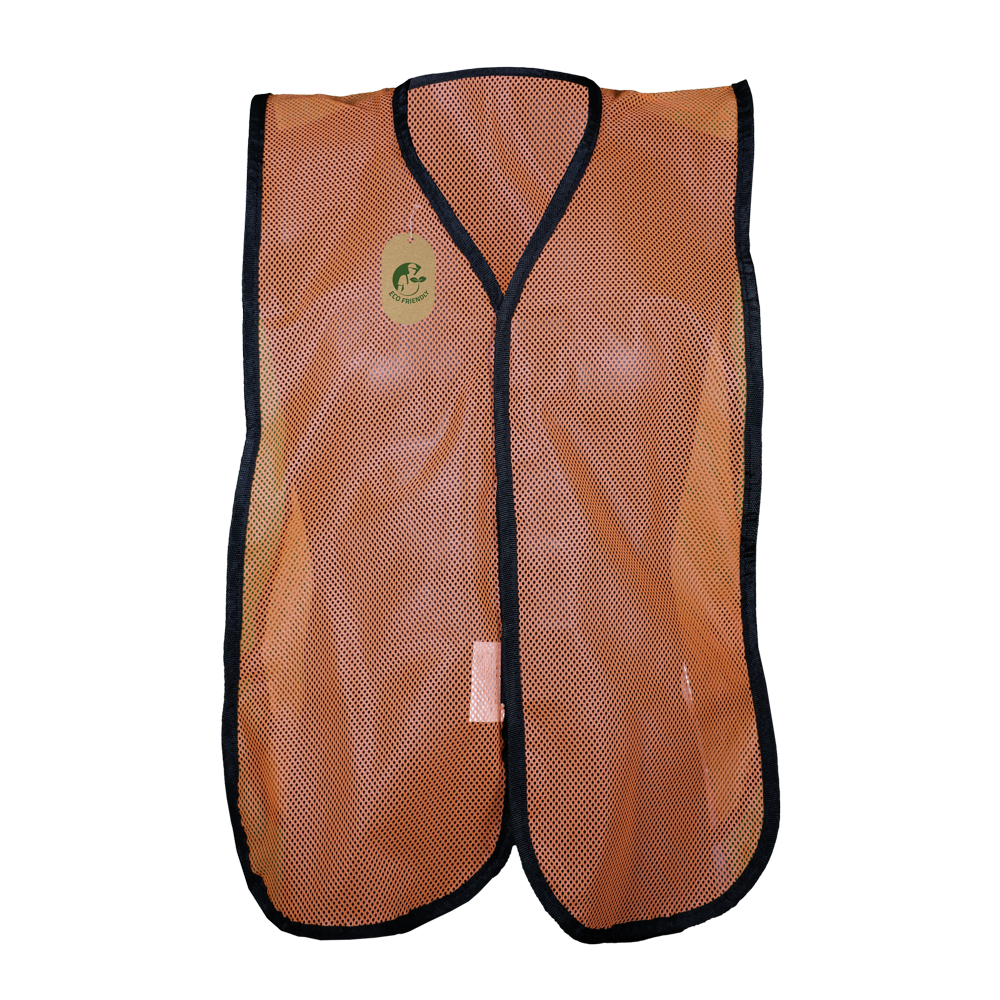 CHALECO ECOFRIENDLY DE MALLA ANARANJADO CON BIES NEGRO, SIN REFLEJANTE.