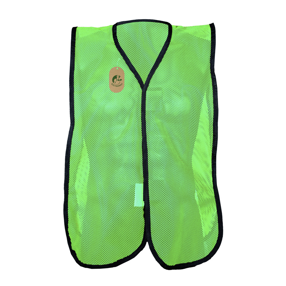 CHALECO ECOFRIENDLY DE MALLA VERDE CON BIES NEGRO, SIN REFLEJANTE.
