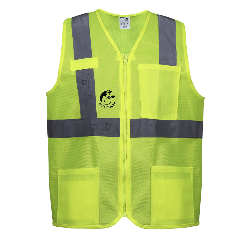 CHALECO ANSI TIPO R CLASE 2, ECOFRIENDLY AMARILLO HI-VIS, C/REF GRIS DE 2&quot; Y ZIPPER FRONTAL. T-GD.