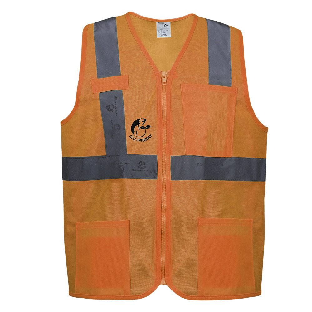 CHALECO ANSI TIPO R CLASE 2, ECOFRIENDLY ANARANJADO HI-VIS, C/REF GRIS DE 2" Y ZIPPER FRONTAL. T-CH.