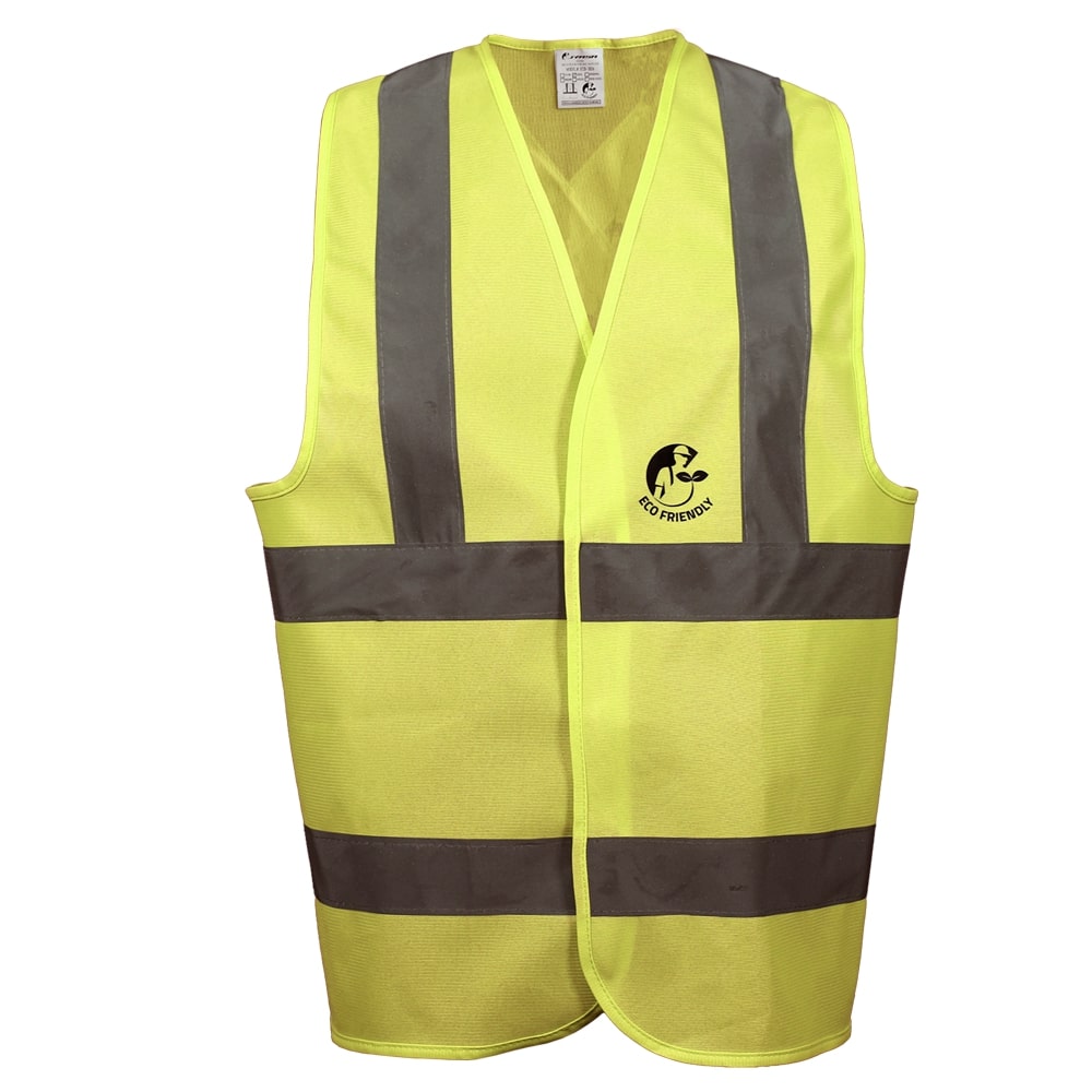 CHALECO ANSI TIPO R CLASE 2, ECOFRIENDLY AMARILLO HI-VIS, C/REF GRIS DE 2&quot; Y CIERRE DE GANCHO Y FELPA. T-GD.