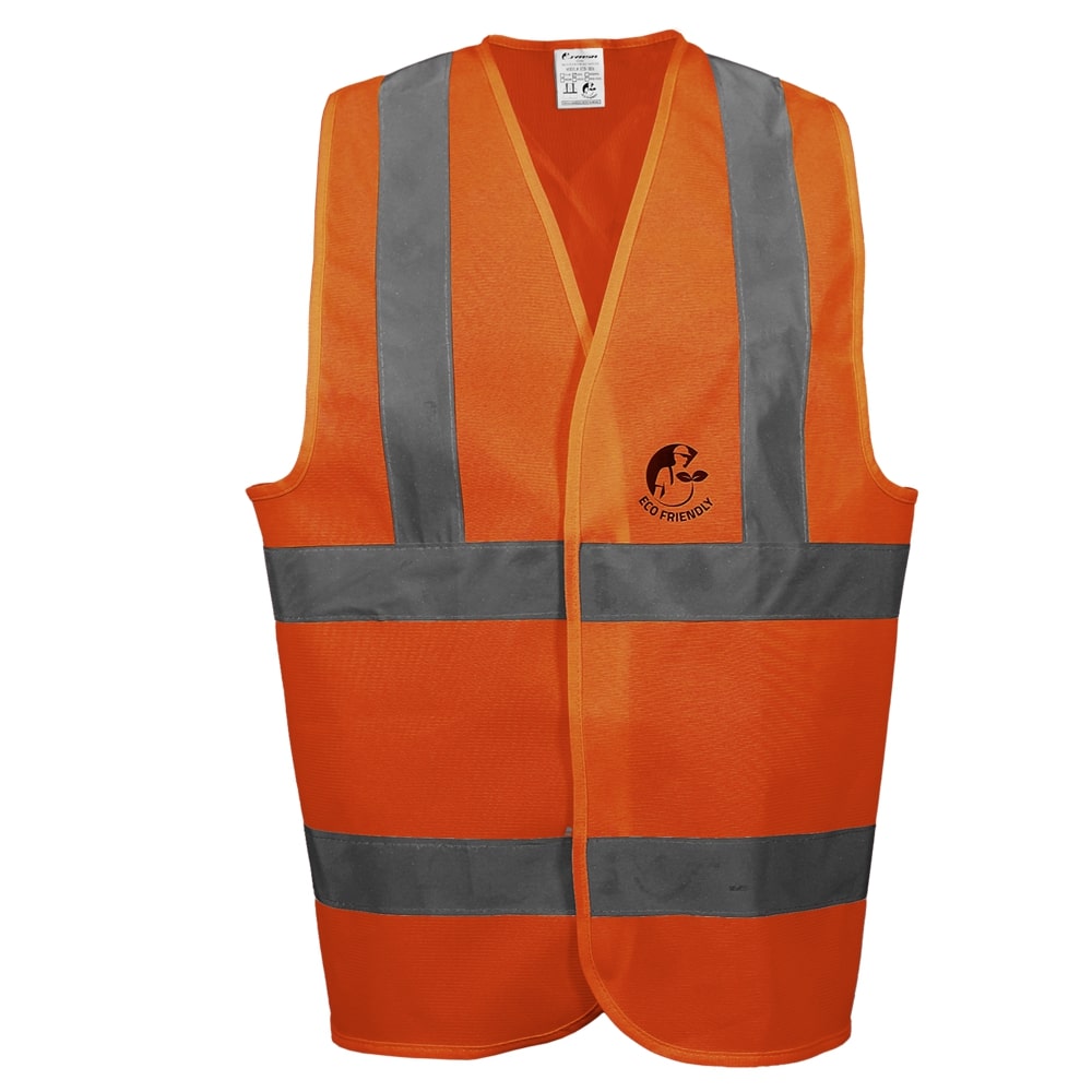 CHALECO ANSI TIPO R CLASE 2, ECOFRIENDLY ANARANJADO HI-VIS, C/REF GRIS DE 2&quot; Y CIERRE DE GANCHO Y FELPA. T-GD.