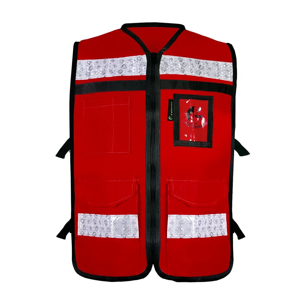 CHALECO ROJO ABIERTO TIPO RESCATISTA LIGERO CON BOLSA TRASERA CLASE II TALLA MD