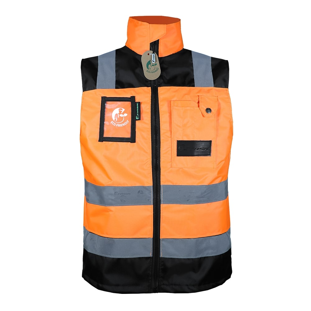 CHALECO ECOFRIENDLY EJECUTIVO DE TRABAJO, ANSI TIPO O CLASE 1, HIGH VISIBILIY ANARANJADO/NEGRO T-MD.