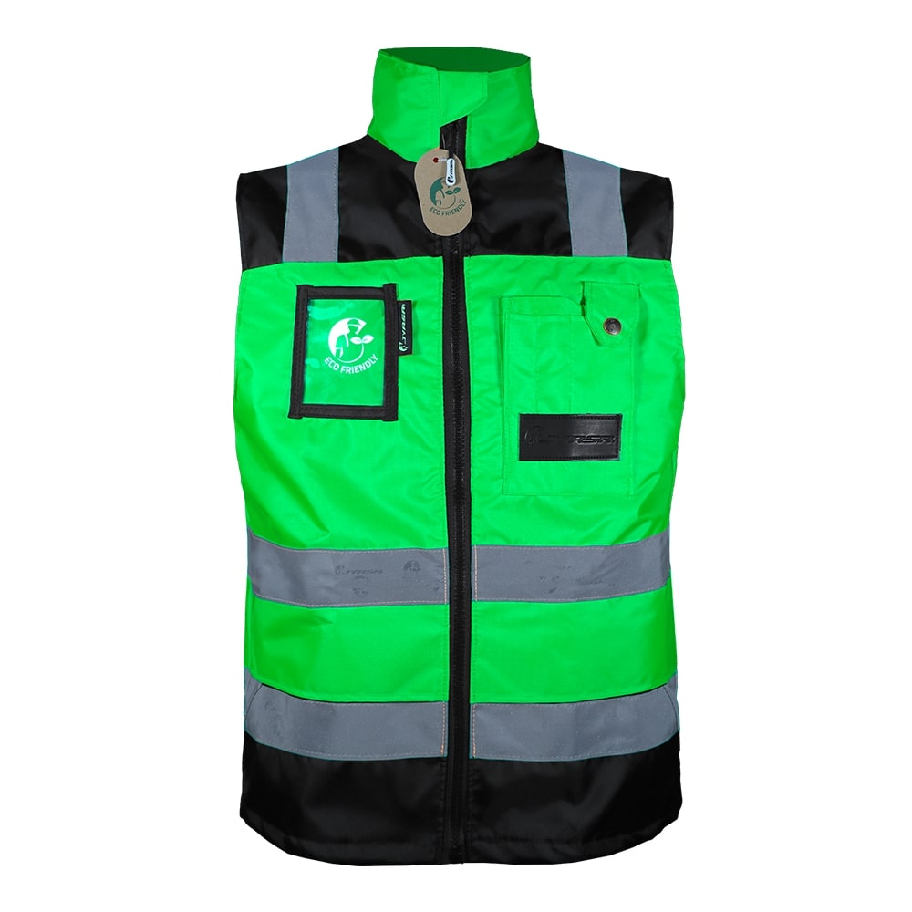 CHALECO ECOFRIENDLY EJECUTIVO DE TRABAJO, ANSI TIPO O CLASE 1, HIGH VISIBILIY VERDE/NEGRO T-GD.