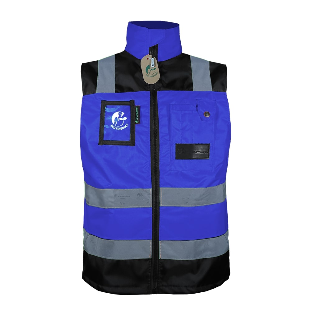 CHALECO ECOFRIENDLY EJECUTIVO DE TRABAJO, ANSI TIPO O CLASE 1, HIGH VISIBILIY AZUL REY/NEGRO T-MD.