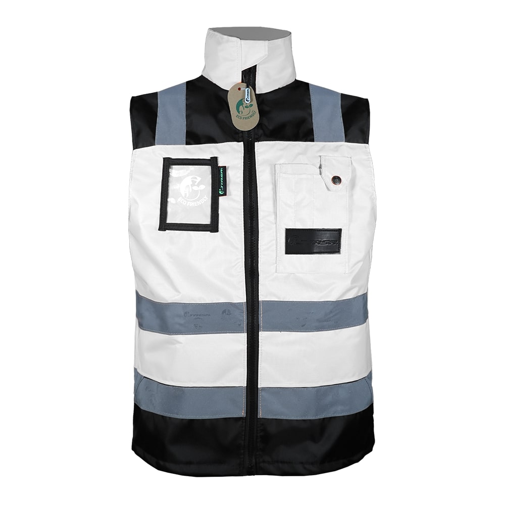 CHALECO ECOFRIENDLY EJECUTIVO DE TRABAJO, ANSI TIPO O CLASE 1, HIGH VISIBILIY BLANCO/NEGRO T-MD.