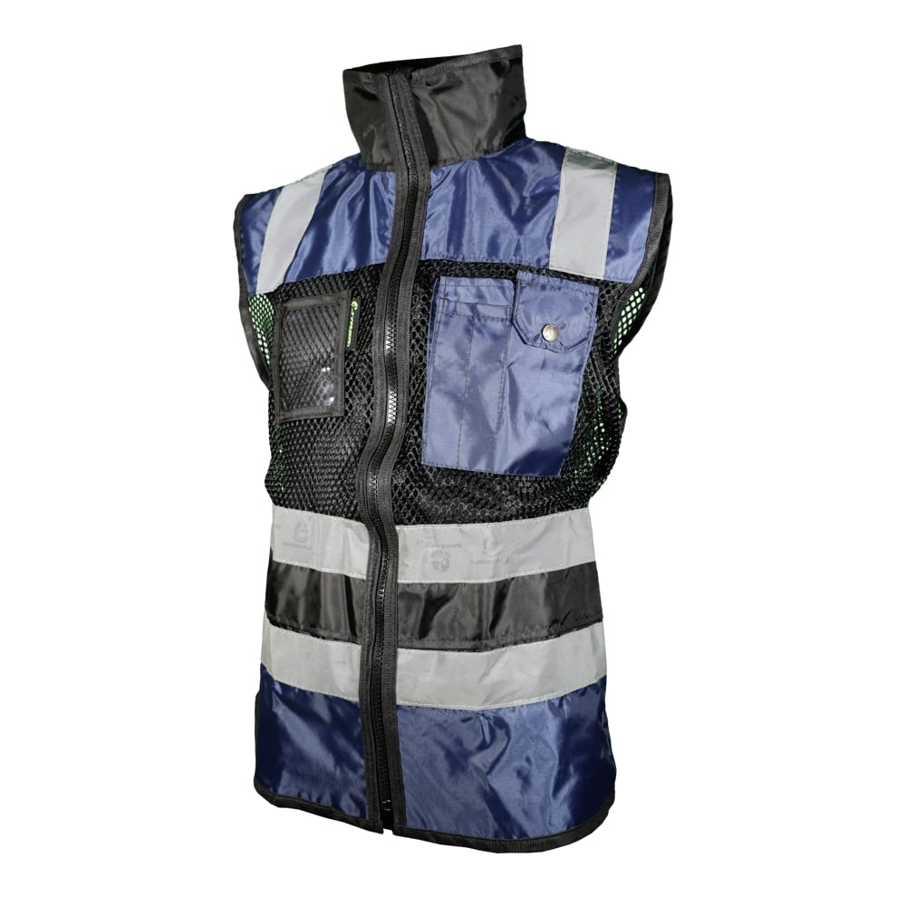 CHALECO DE MALLA ECOFRIENDLY EJECUTIVO DE TRABAJO, ANSI TIPO O CLASE 1, HIGH VISIBILIY AZUL/NEGRO T-GD.