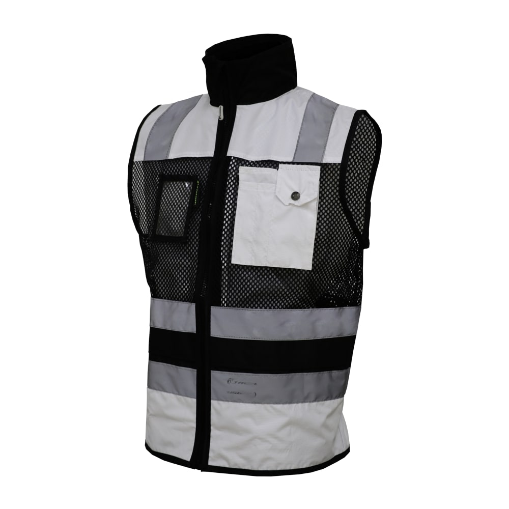 CHALECO DE MALLA ECOFRIENDLY EJECUTIVO DE TRABAJO, ANSI TIPO O CLASE 1, HIGH VISIBILIY BLANCO/NEGRO T-MD.