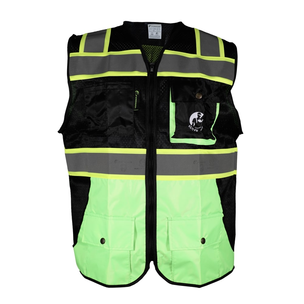 CHALECO DE MALLA NEGRO/VERDE ECOFRIENDLY C/REF BICOLOR AMARILLO 3 T-3XG
