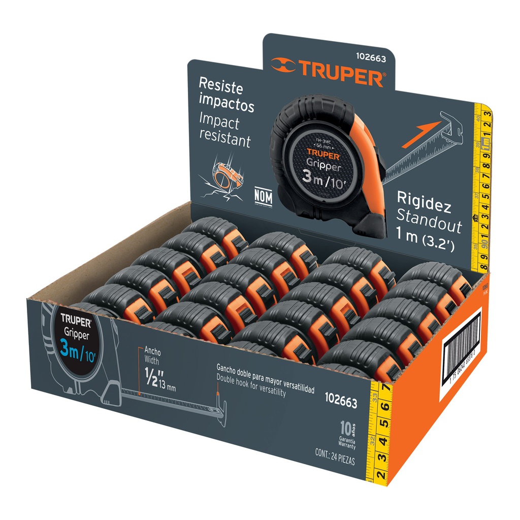 Flexometro Gripper 3 m cinta 13 mm display box con 24 piezas