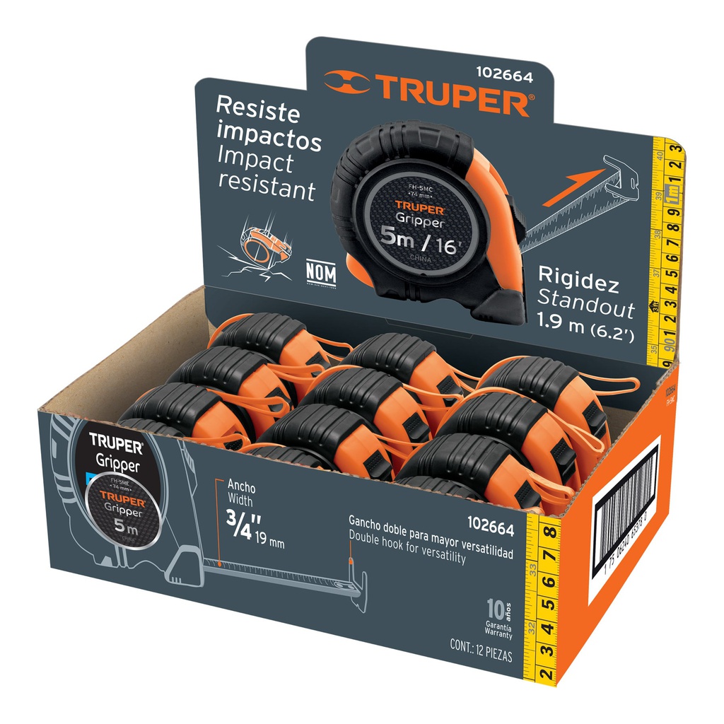 Flexometro Gripper 5 m cinta 13 mm display box con 12 piezas