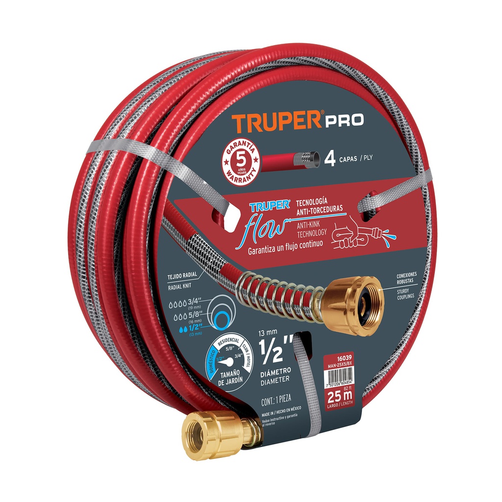 Manguera 5/8' super reforzada 4 capas 25 m conexiones metal