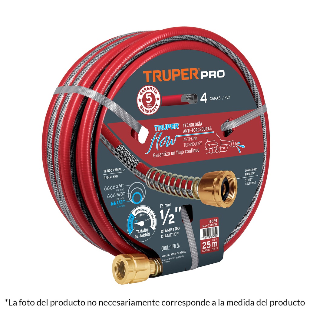 Manguera 5/8' super reforzada 4 capas 30 m conexiones metal