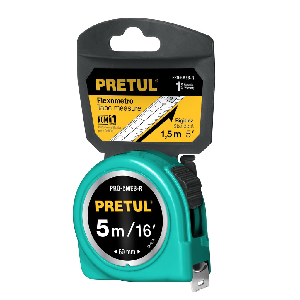 Flexometro verde 5 m cinta 19 mm, en tarjeta, Pretul