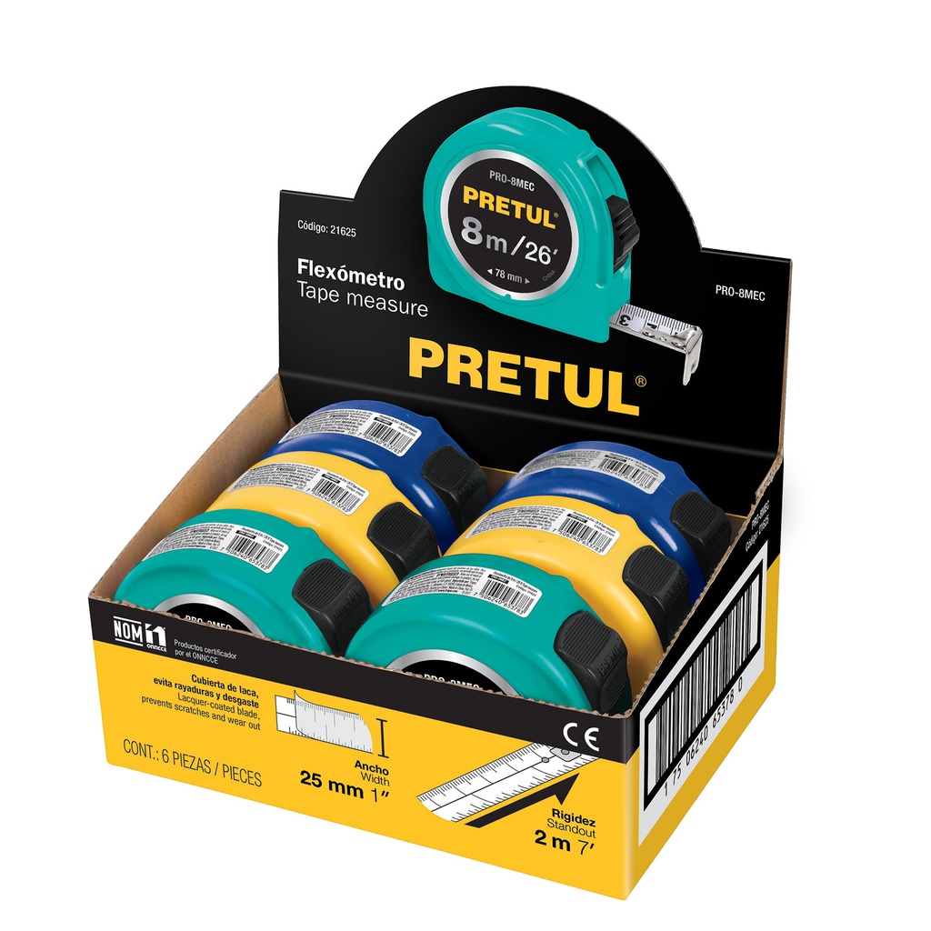 Flexometro 8 m cinta 25 mm, display box con 6 pzas, Pretul
