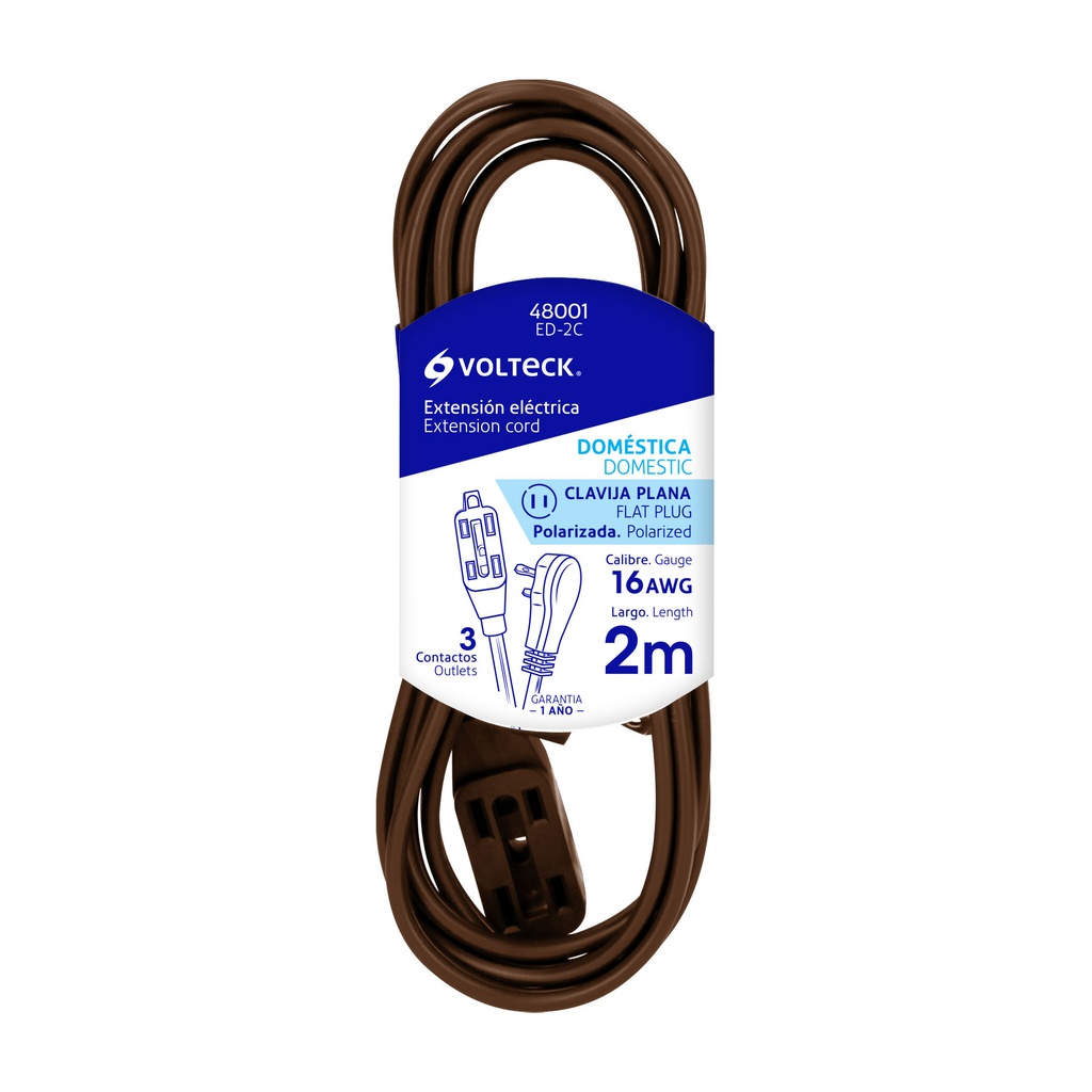 Extension electrica domestica 2 m cafe con clavija plana