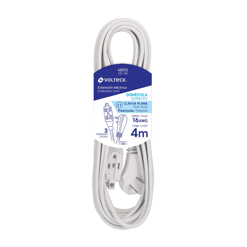 Extension electrica domestica 4 m blanca con clavija plana