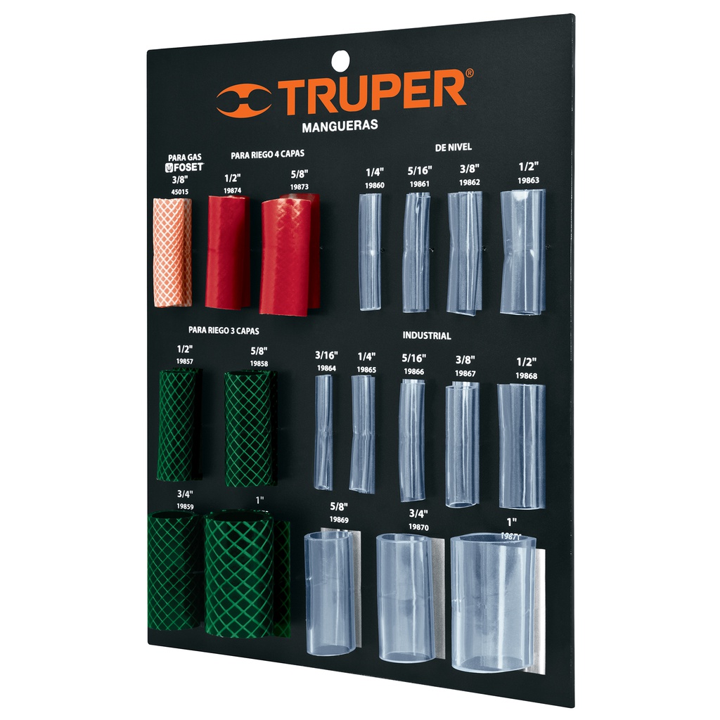 Exhibidor Truper de mangueras para jardin, nivel y gas