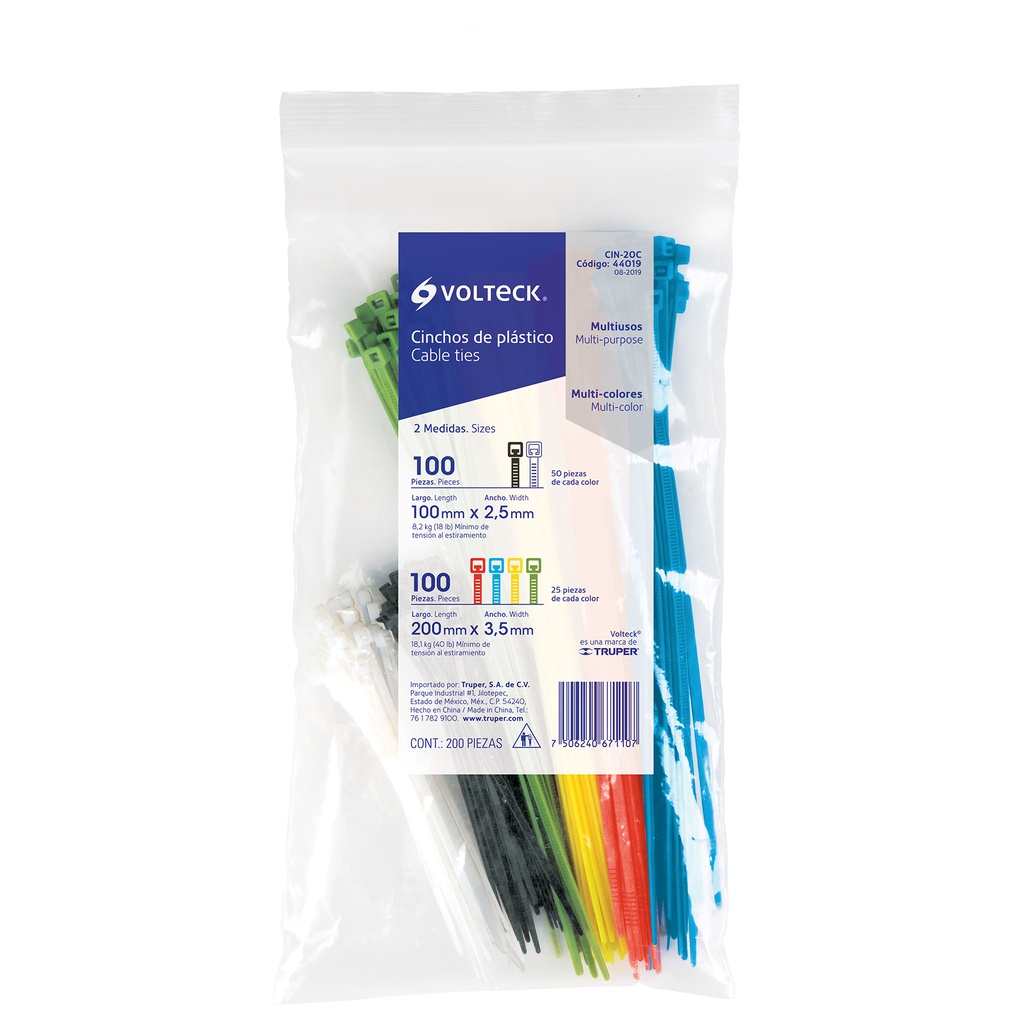 Bolsa con 200 cinchos plasticos en colores surtidos, Volteck