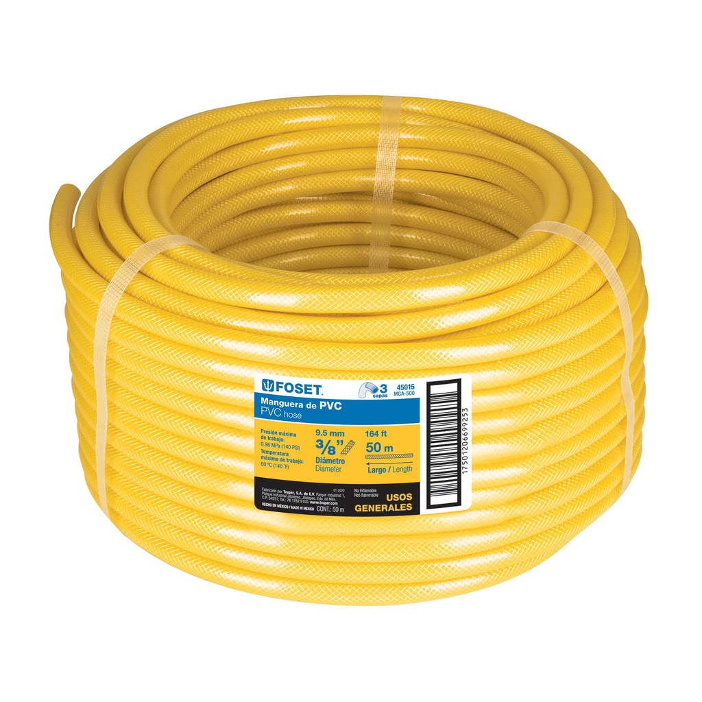 Manguera para gas, PVC amarilla, 3/8'x50m, s/conexion, Foset