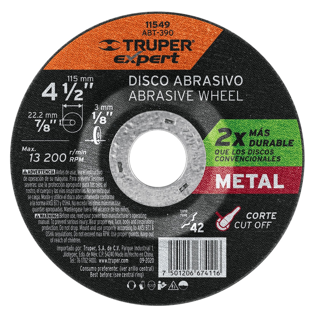 Disco Tipo 42 de 4-1/2' x 3.2 mm corte metal, Truper Expert