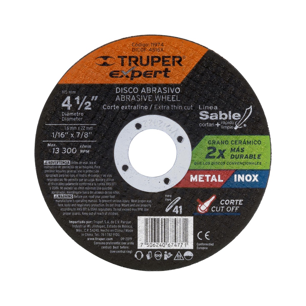 Disco Tipo 41 de 4-1/2' x 1.6 mm corte fino de metal, Expert