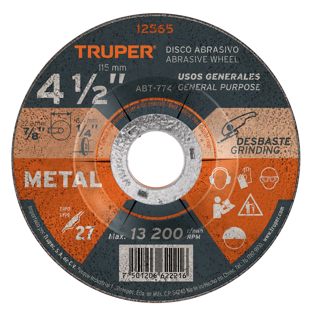 Disco Tipo 27 de 4-1/2' x 6.4 mm para desbaste de metal