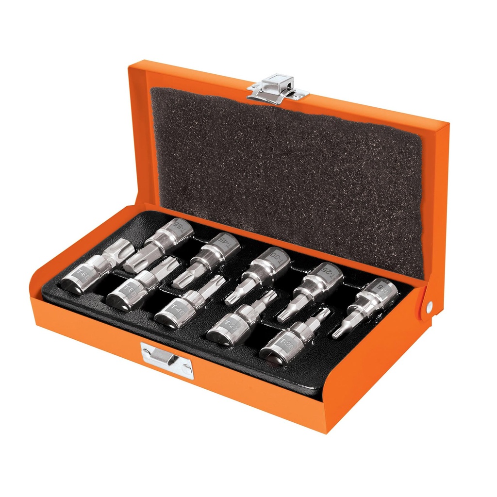 Juego de 10 dados cuadro 3/8' punta torx, estuche metalico