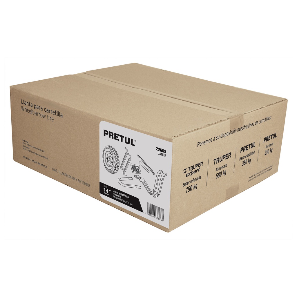 Caja c/llanta neumatica y acc. y p/carretilla gris Pretul