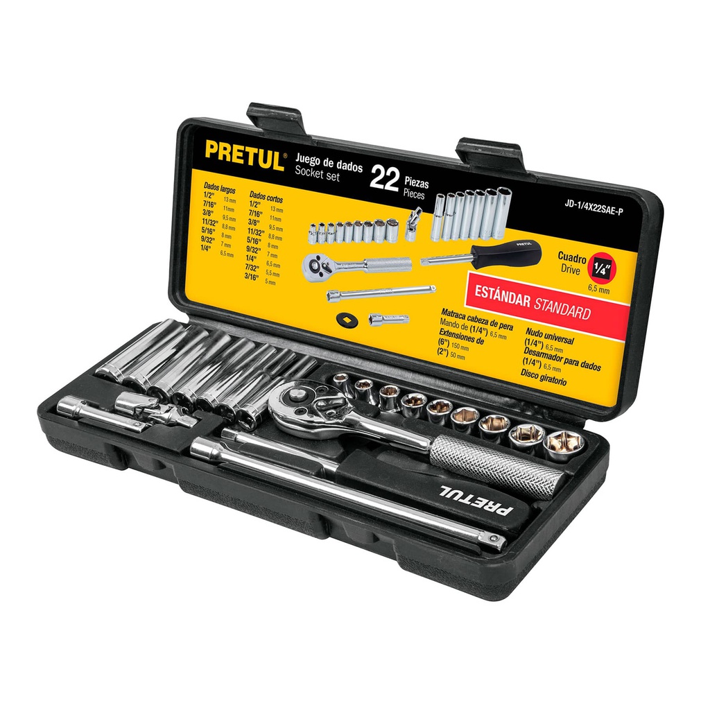 Juego de 22 herramientas 1/4' std para mecanico, Pretul