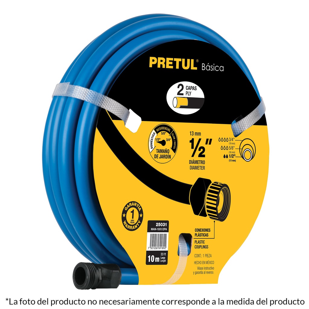Manguera azul 1/2' 2 capas 15 m conexiones plasticas, Pretul